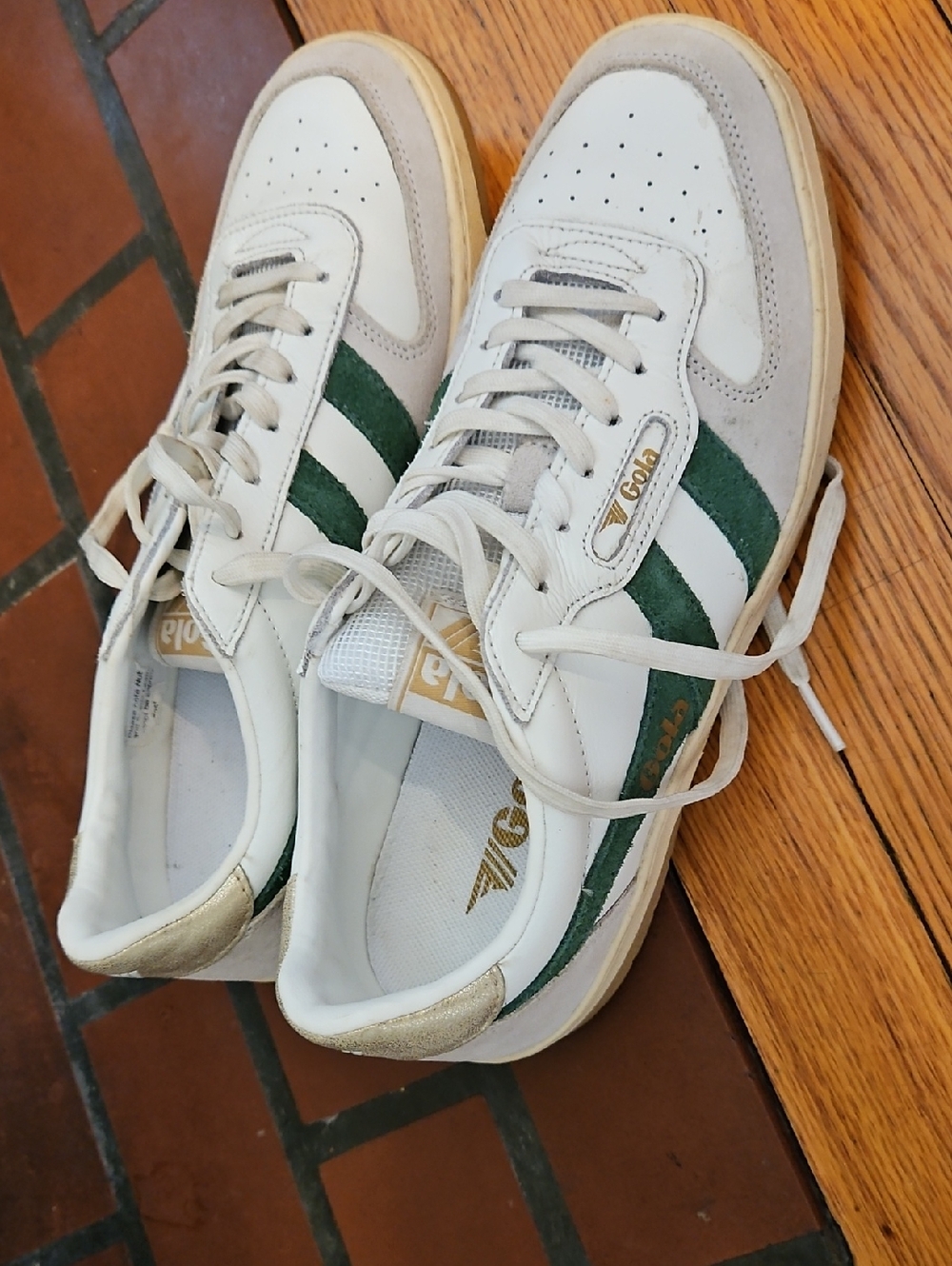 Gola White Sneakers with Green Stripes and Gold Heel